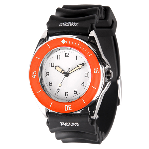 RP-037, Reloj sport con caja metalica y dial en bisel de colores: gris, naranja, verde, azul y negro, correa de plástico negra, maquinaria metalica japonesa de alta precision, estuche metalico