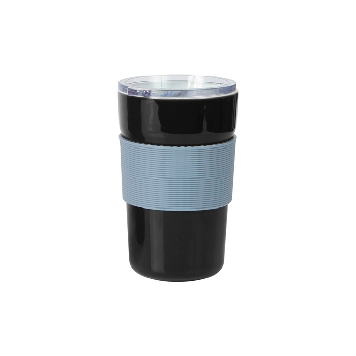 TE-127, Vaso de cerámica con tapa deslizable de PP y manga de silicón en color gris. Fabricada con materiales de grado alimenticio, no usar en microondas. Capacidad de 400 ml. Incluye caja de cartón individual.