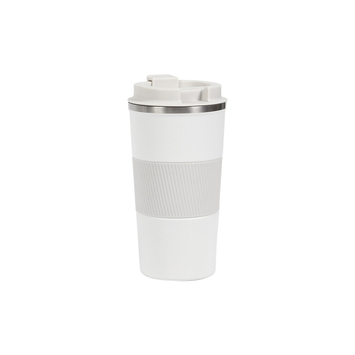 TE-142, Vaso promocional de acero inoxidable doble pared con tapa de plástico y manga de silicón. Fabricado en materiales de grado alimenticio, mantiene bebidas frías o calientes por un largo tiempo. No usar en microondas. Capacidad de 510 ml. Incluye caja de cartón individual