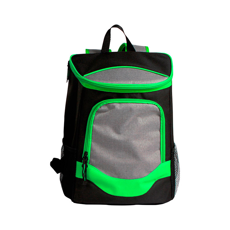 TX-073, Hielera back pack bi-tono fabricada en poliester colores: azul, naranja, rojo y verde.