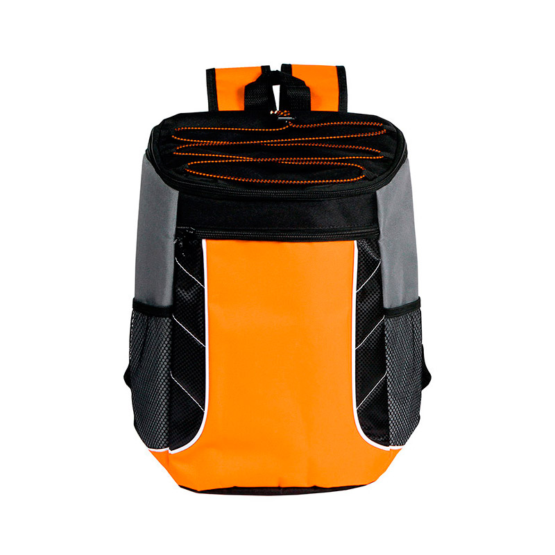 TX-074, Hielera back pack bi-tono con tensores, fabricada en poliester colores: azul, naranja, rojo y verde.