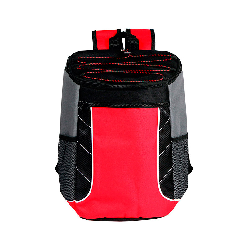 TX-074, Hielera back pack bi-tono con tensores, fabricada en poliester colores: azul, naranja, rojo y verde.